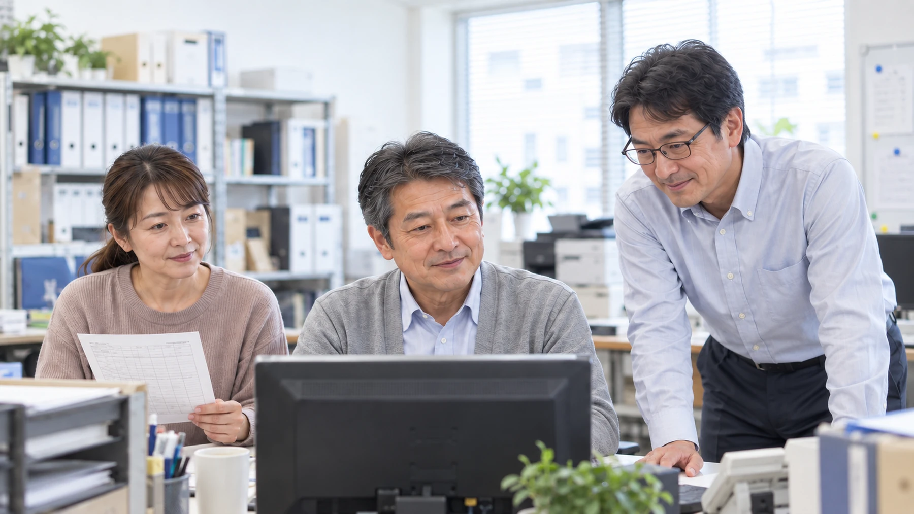 オフィスで仕事の進め方を確認する社員